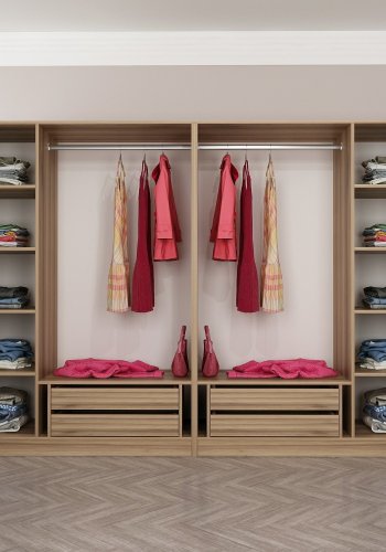 FUNZI LIVING 7541 bent garderobeskab, m. 2 bjlestnger, 4 skuffer, 8 hylder - natur melamin