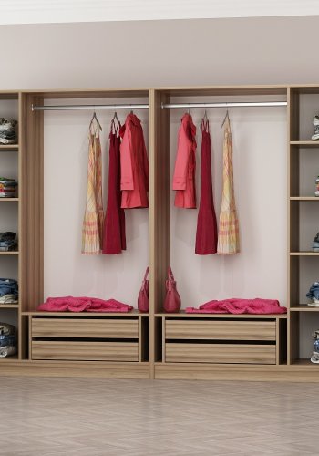 FUNZI LIVING 7541 bent garderobeskab, m. 2 bjlestnger, 4 skuffer, 8 hylder - natur melamin