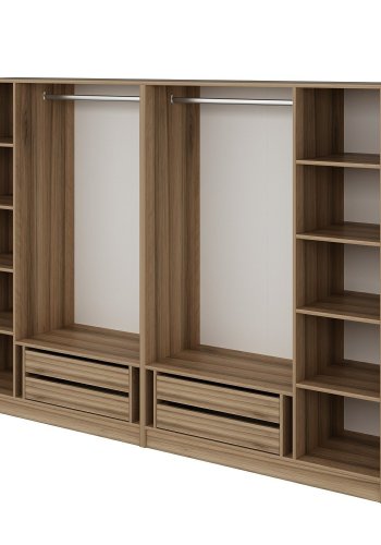 FUNZI LIVING 7541 bent garderobeskab, m. 2 bjlestnger, 4 skuffer, 8 hylder - natur melamin