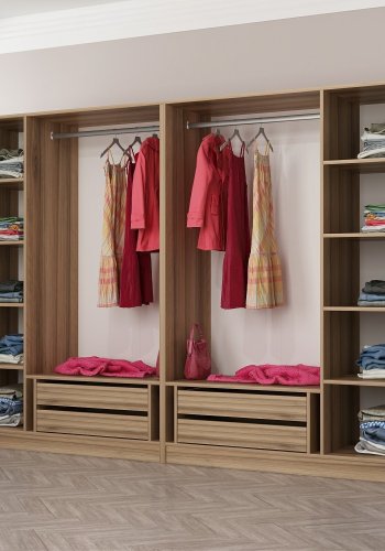 FUNZI LIVING 7671 bent garderobeskab, m. 2 bjlestnger, 4 skuffer, 8 hylder - natur melamin