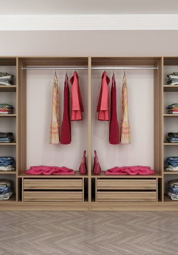 FUNZI LIVING 7671 bent garderobeskab, m. 2 bjlestnger, 4 skuffer, 8 hylder - natur melamin