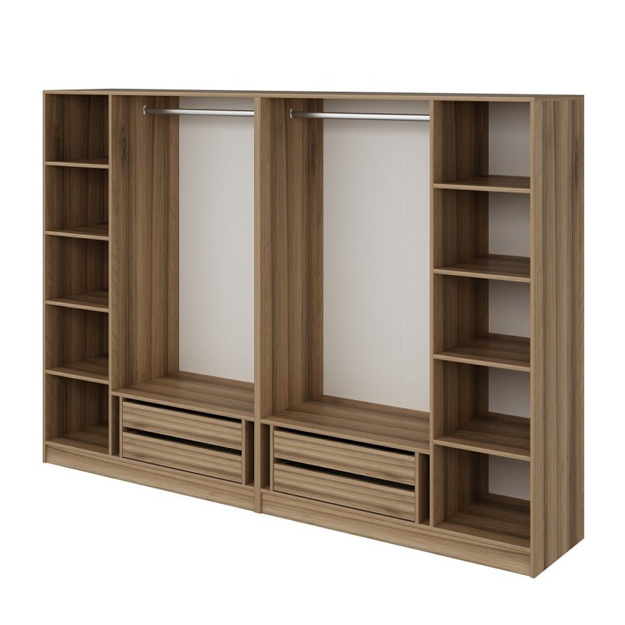 FUNZI LIVING 7671 bent garderobeskab, m. 2 bjlestnger, 4 skuffer, 8 hylder - natur melamin