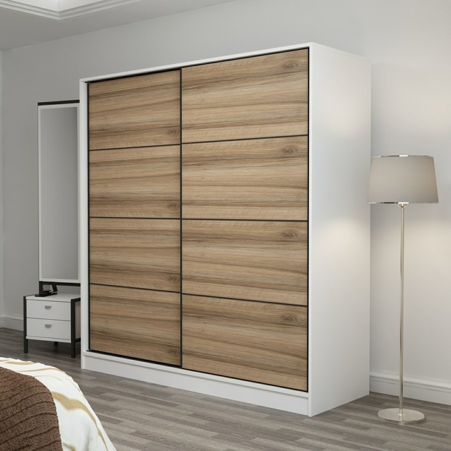 FUNZI LIVING 3158 garderobeskab, 2 skydelger, 2 bjlestnger, 2 skuffer - natur/hvid melamin