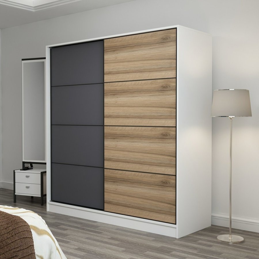 FUNZI LIVING 3160 garderobeskab, 2 skydelger, 2 bjlestnger, 2 skuffer - hvid/natur/gr melamin