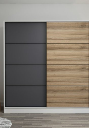 FUNZI LIVING 3964 garderobeskab, 2 skydelger, 2 bjlestnger, 2 skuffer - hvid/natur/gr melamin