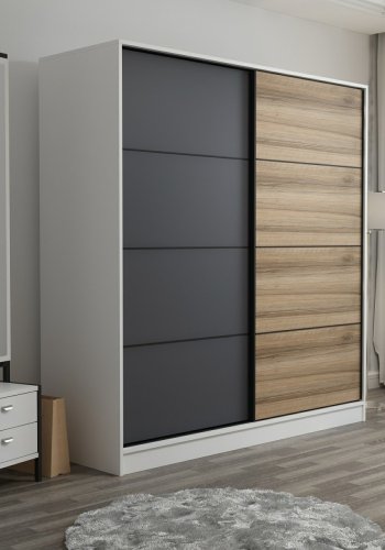 FUNZI LIVING 3964 garderobeskab, 2 skydelger, 2 bjlestnger, 2 skuffer - hvid/natur/gr melamin