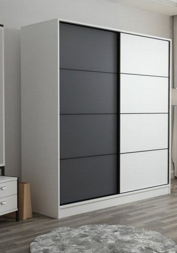 FUNZI LIVING 3166 garderobeskab, 2 skydelger, 2 bjlestnger, 2 skuffer - hvid/antracit melamin