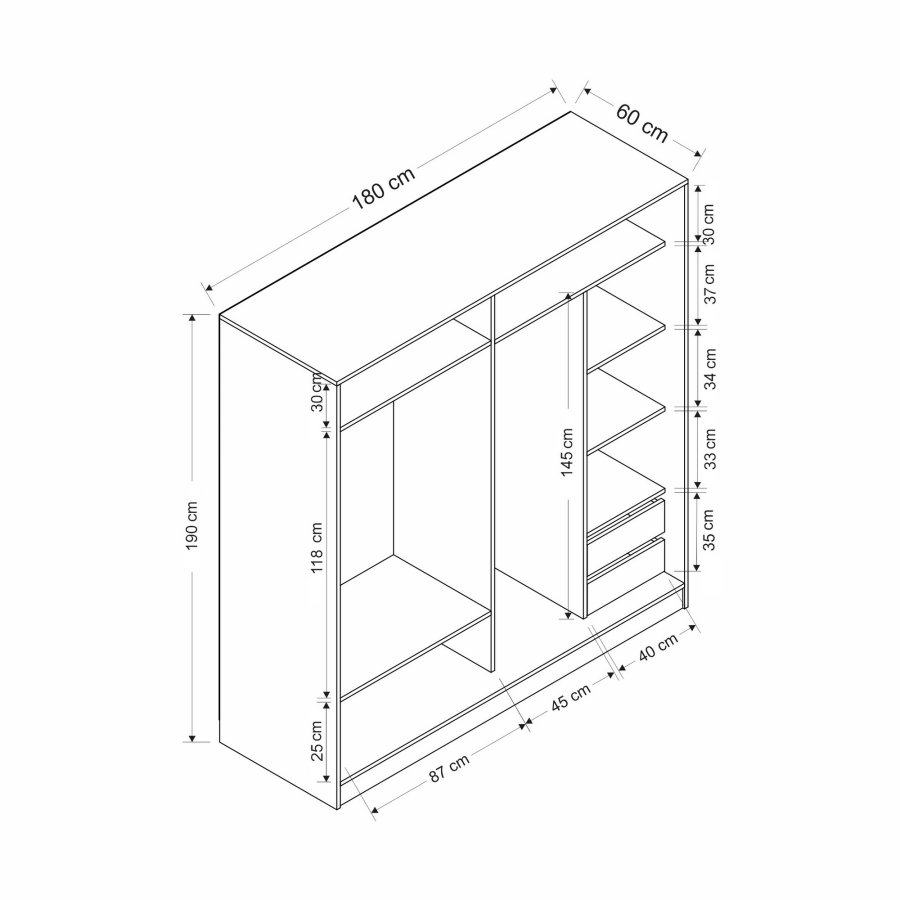 FUNZI LIVING 3166 garderobeskab, 2 skydelger, 2 bjlestnger, 2 skuffer - hvid/antracit melamin