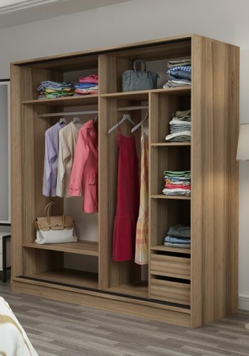 FUNZI LIVING 3170 garderobeskab, 2 skydelger, 2 bjlestnger, 2 skuffer - natur melamin