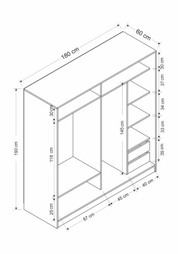 FUNZI LIVING 3172 garderobeskab, 2 skydelger, 2 bjlestnger, 2 skuffer - natur/antracit melamin