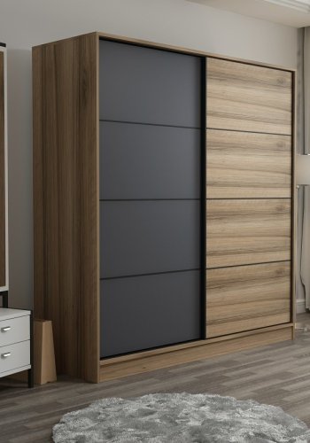 FUNZI LIVING 3976 garderobeskab, 2 skydelger, 2 bjlestnger, 2 skuffer - natur/antracit melamin