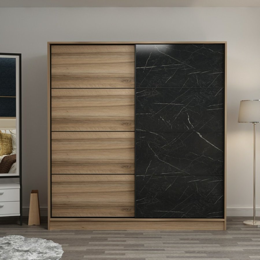 FUNZI LIVING 3177 garderobeskab, 2 skydelger, 2 bjlestnger, 2 skuffer - natur/sort melamin