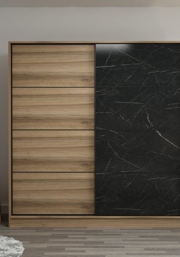 FUNZI LIVING 3981 garderobeskab, 2 skydelger, 2 bjlestnger, 2 skuffer - natur/sort melamin