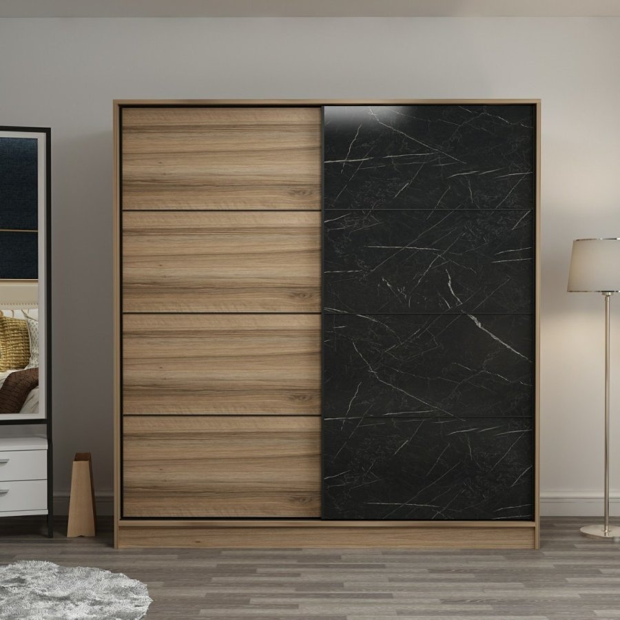 FUNZI LIVING 3981 garderobeskab, 2 skydelger, 2 bjlestnger, 2 skuffer - natur/sort melamin