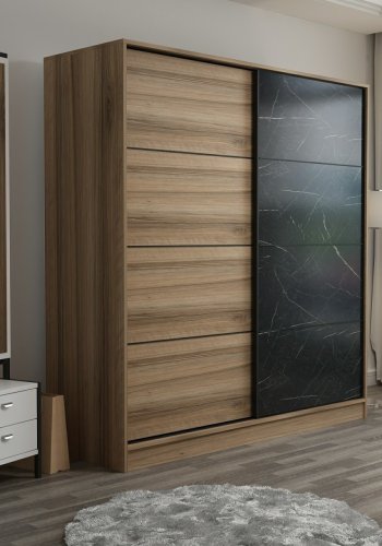 FUNZI LIVING 3981 garderobeskab, 2 skydelger, 2 bjlestnger, 2 skuffer - natur/sort melamin