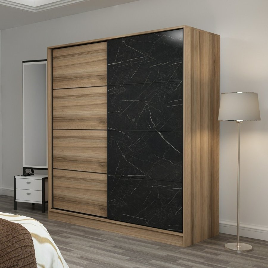 FUNZI LIVING 3981 garderobeskab, 2 skydelger, 2 bjlestnger, 2 skuffer - natur/sort melamin