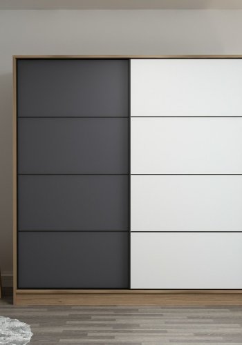 FUNZI LIVING 3982 garderobeskab, 2 skydelger, 2 bjlestnger, 2 skuffer - natur/antracit melamin