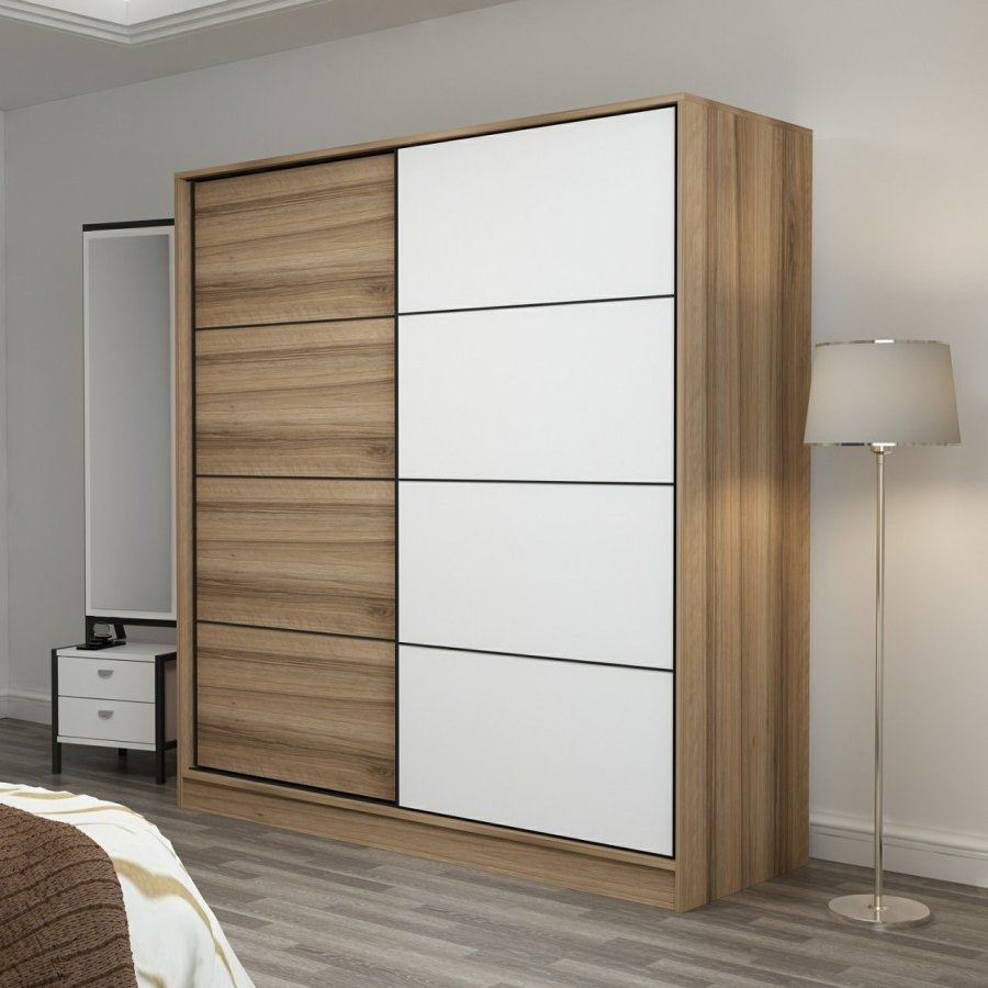 FUNZI LIVING 3179 garderobeskab, 2 skydelger, 2 bjlestnger, 2 skuffer - natur/hvid melamin