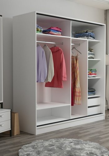 FUNZI LIVING 7150 garderobeskab, 2 skydelger, 2 bjlestnger, 2 skuffer - hvid melamin