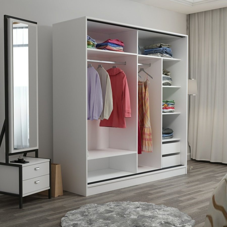 FUNZI LIVING 7150 garderobeskab, 2 skydelger, 2 bjlestnger, 2 skuffer - hvid melamin