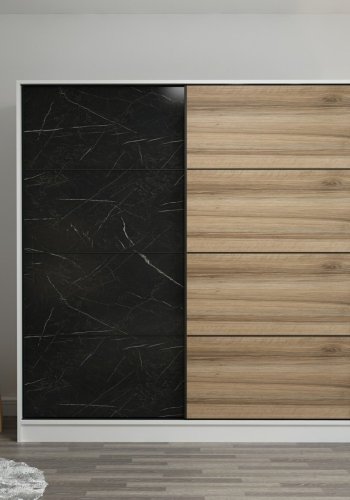 FUNZI LIVING 7157 garderobeskab, 2 skydelger, 2 bjlestnger, 2 skuffer - hvid/sort melamin