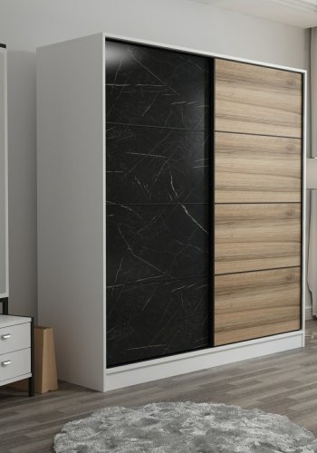 FUNZI LIVING 7157 garderobeskab, 2 skydelger, 2 bjlestnger, 2 skuffer - hvid/sort melamin