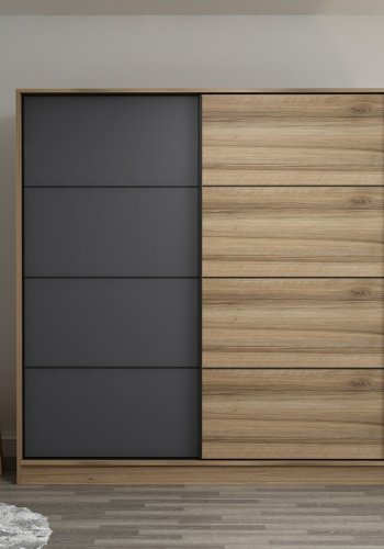 FUNZI LIVING 7164 garderobeskab, 2 skydelger, 2 bjlestnger, 2 skuffer - natur/antracit melamin