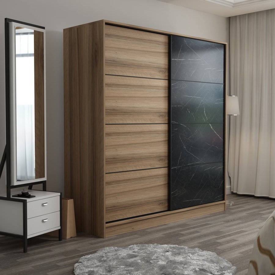 FUNZI LIVING 7169 garderobeskab, 2 skydelger, 2 bjlestnger, 2 skuffer - natur melamin