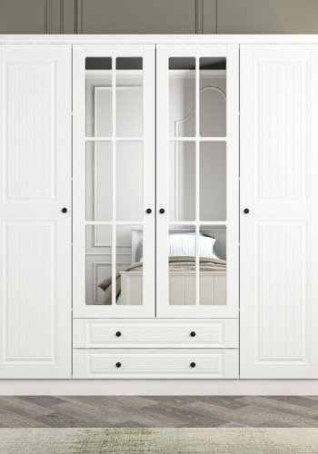 FUNZI LIVING 4017 garderobeskab, spejl, 4 lger, 1 bjlestang, 2 skuffer - hvid melamin