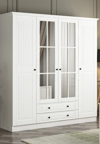 FUNZI LIVING 4017 garderobeskab, spejl, 4 lger, 1 bjlestang, 2 skuffer - hvid melamin