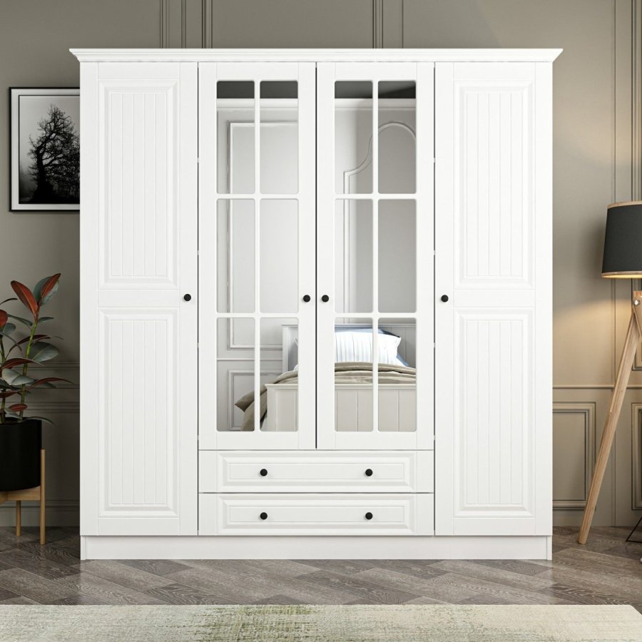 FUNZI LIVING 4781 garderobeskab, spejl, 4 lger, 1 bjlestang, 2 skuffer - hvid melamin