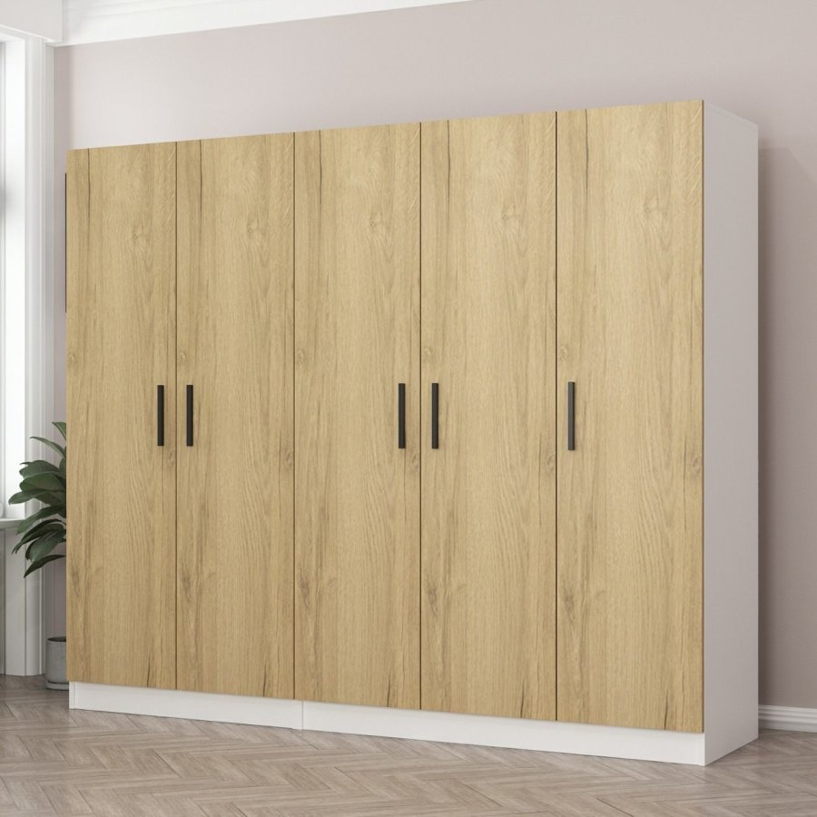 FUNZI LIVING 2702 garderobeskab, 5 lger, 3 bjlestnger, 2 skuffer - natur/hvid melamin