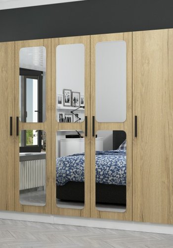 FUNZI LIVING 3870 garderobeskab, spejl, 5 lger, 3 bjlestnger, 2 skuffer - natur/hvid melamin