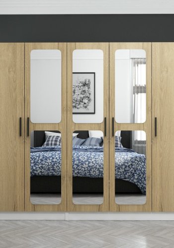 FUNZI LIVING 3870 garderobeskab, spejl, 5 lger, 3 bjlestnger, 2 skuffer - natur/hvid melamin