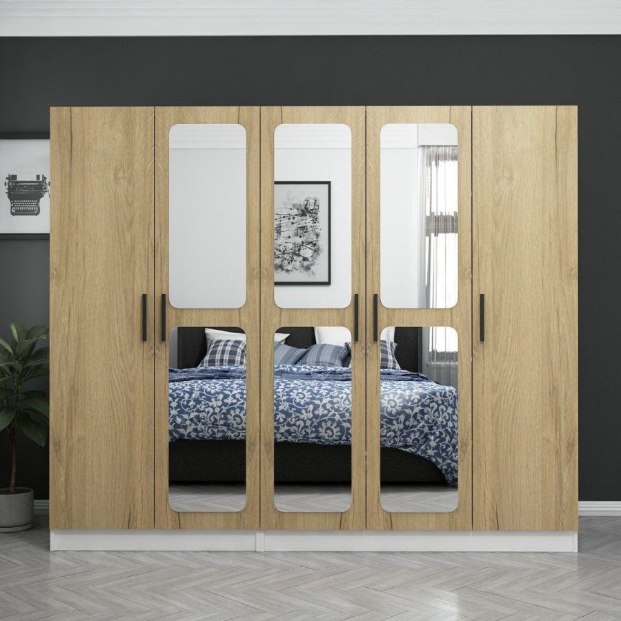 FUNZI LIVING 3870 garderobeskab, spejl, 5 lger, 3 bjlestnger, 2 skuffer - natur/hvid melamin