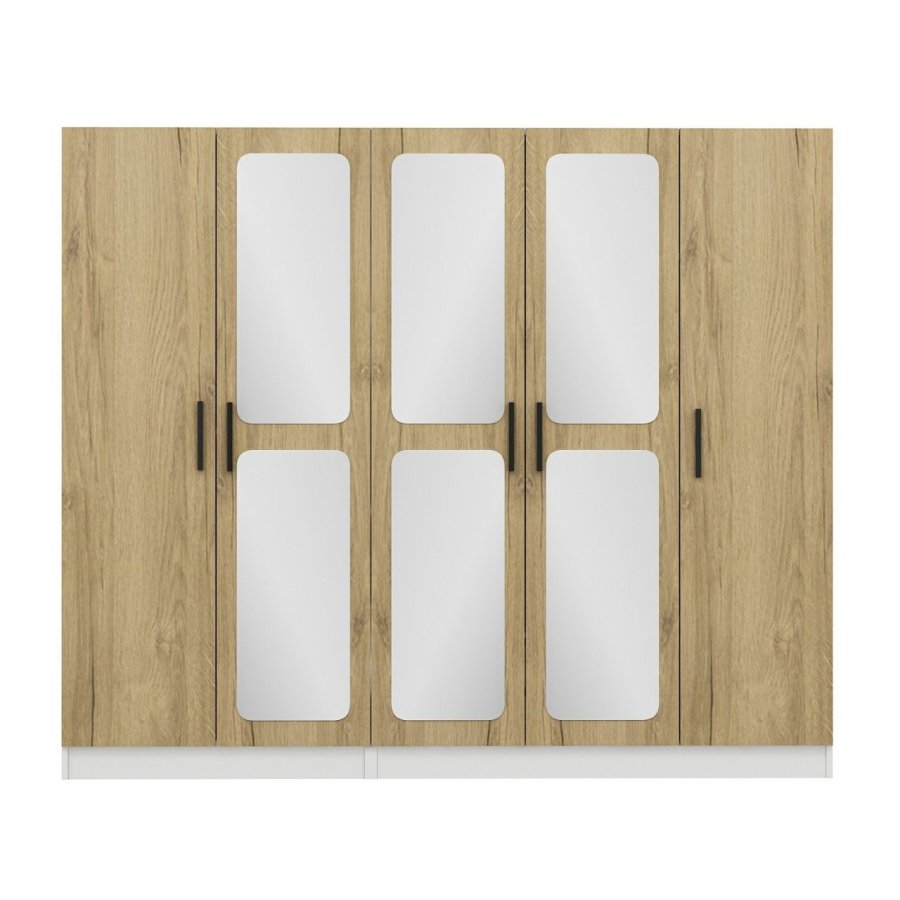 FUNZI LIVING 3870 garderobeskab, spejl, 5 lger, 3 bjlestnger, 2 skuffer - natur/hvid melamin