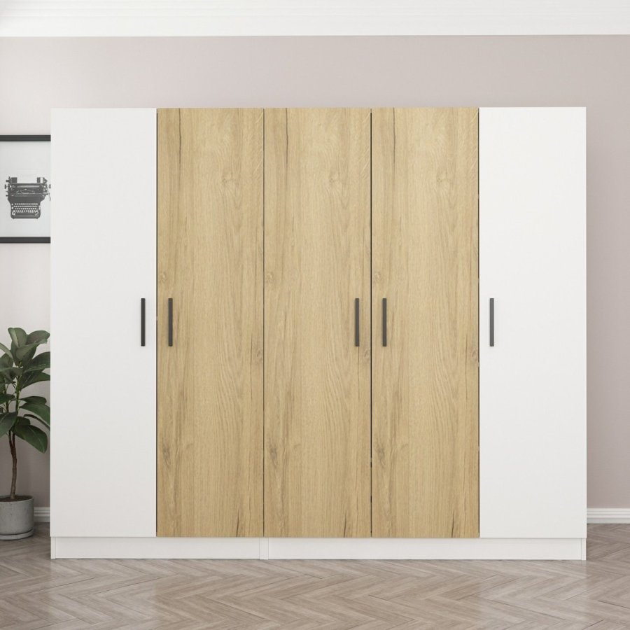 FUNZI LIVING 3110 garderobeskab, 5 lger, 3 bjlestnger, 2 skuffer - hvid/natur melamin