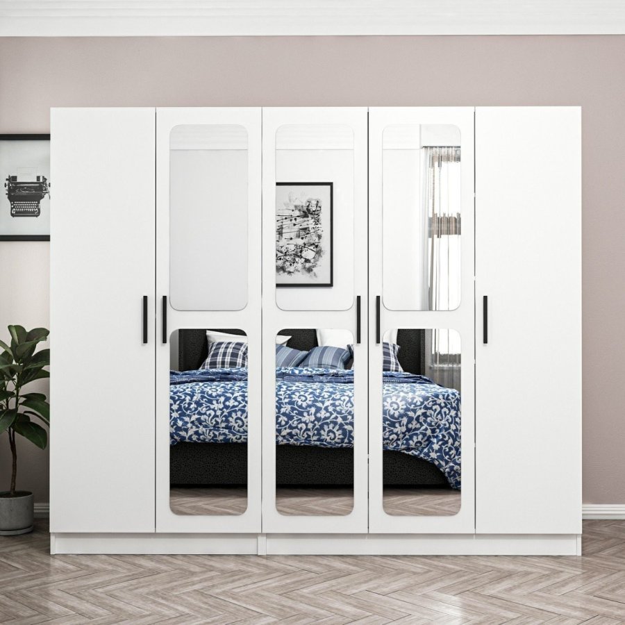 FUNZI LIVING 3816 garderobeskab, spejl, 5 lger, 3 bjlestnger, 2 skuffer - hvid melamin