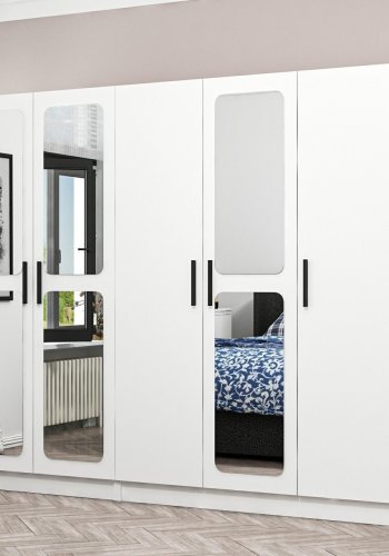 FUNZI LIVING 3816 garderobeskab, spejl, 5 lger, 3 bjlestnger, 2 skuffer - hvid melamin