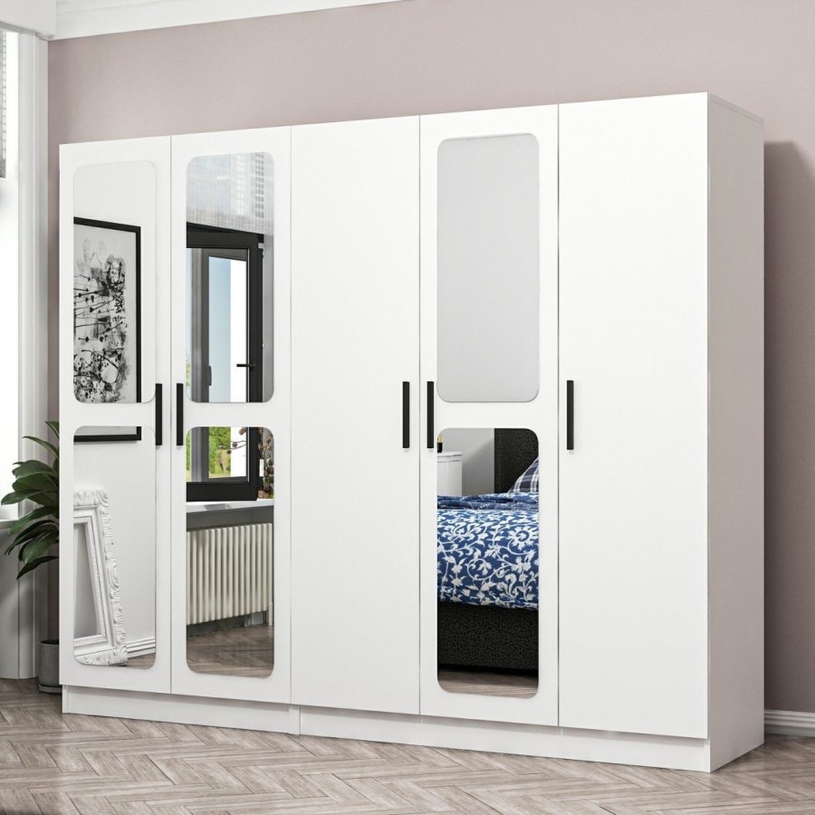 FUNZI LIVING 3816 garderobeskab, spejl, 5 lger, 3 bjlestnger, 2 skuffer - hvid melamin