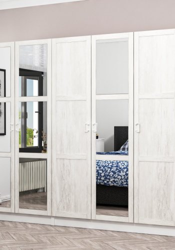 FUNZI LIVING Kalesland 3843 garderobeskab, spejl, 5 lger, 3 bjlestnger, 2 skuffer - hvid melamin