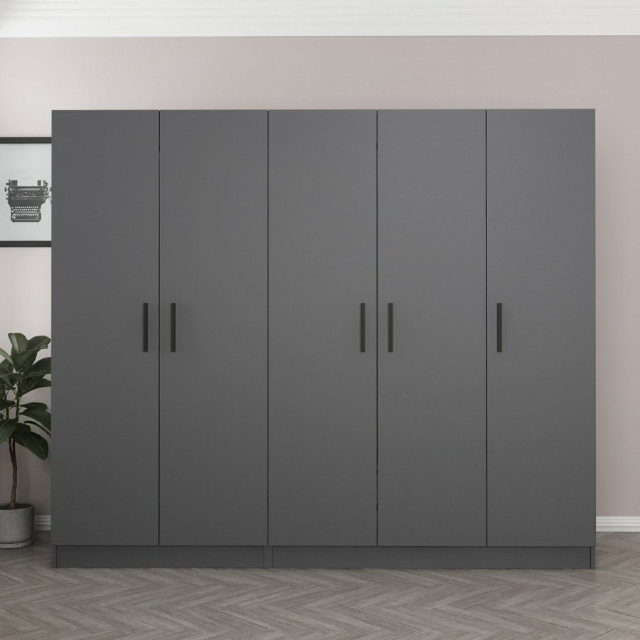 FUNZI LIVING 5079 garderobeskab, 5 lger, 3 bjlestnger, 2 skuffer - antracitgr melamin