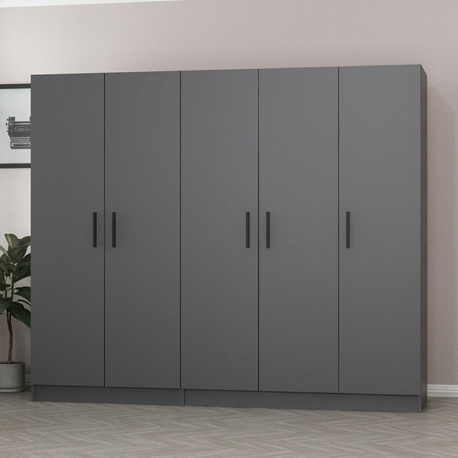FUNZI LIVING 5079 garderobeskab, 5 lger, 3 bjlestnger, 2 skuffer - antracitgr melamin