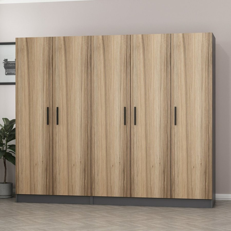 FUNZI LIVING 5002 garderobeskab, 5 lger, 3 bjlestnger, 2 skuffer - antracit/natur melamin