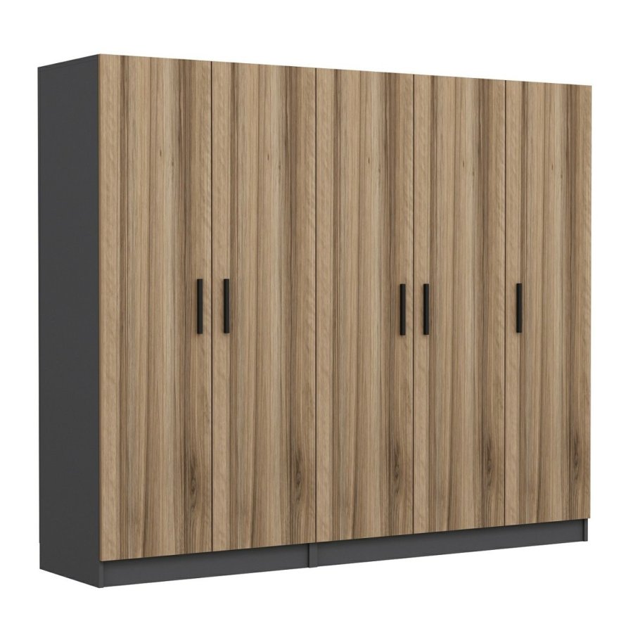 FUNZI LIVING 5002 garderobeskab, 5 lger, 3 bjlestnger, 2 skuffer - antracit/natur melamin