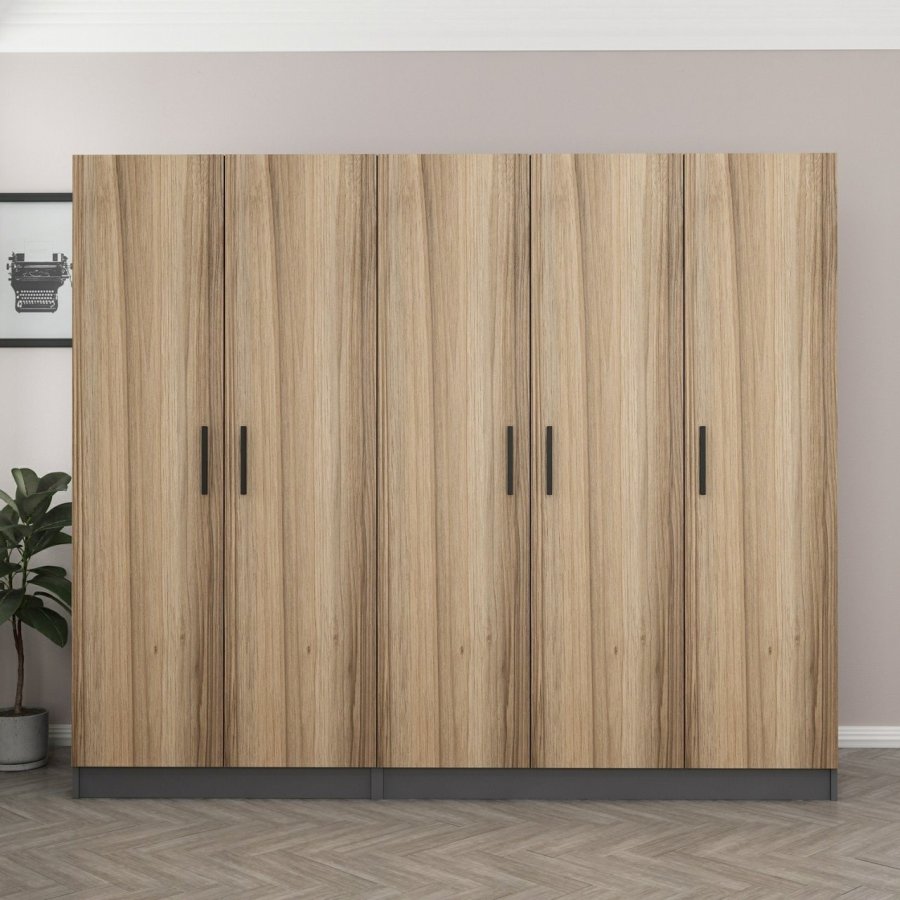 FUNZI LIVING 5106 garderobeskab, 5 lger, 3 bjlestnger, 2 skuffer - antracit/natur melamin