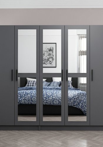 FUNZI LIVING 4986 garderobeskab, spejl, 5 lger, 3 bjlestnger, 2 skuffer - antracitgr melamin