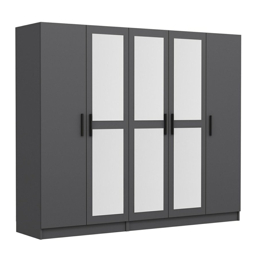 FUNZI LIVING 4986 garderobeskab, spejl, 5 lger, 3 bjlestnger, 2 skuffer - antracitgr melamin