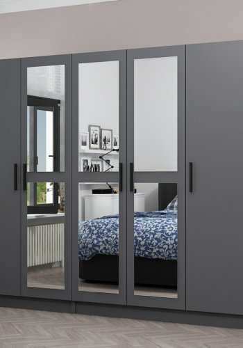 FUNZI LIVING 5090 garderobeskab, spejl, 5 lger, 3 bjlestnger, 2 skuffer - antracitgr melamin