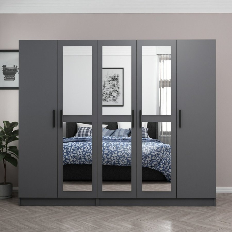 FUNZI LIVING 5090 garderobeskab, spejl, 5 lger, 3 bjlestnger, 2 skuffer - antracitgr melamin